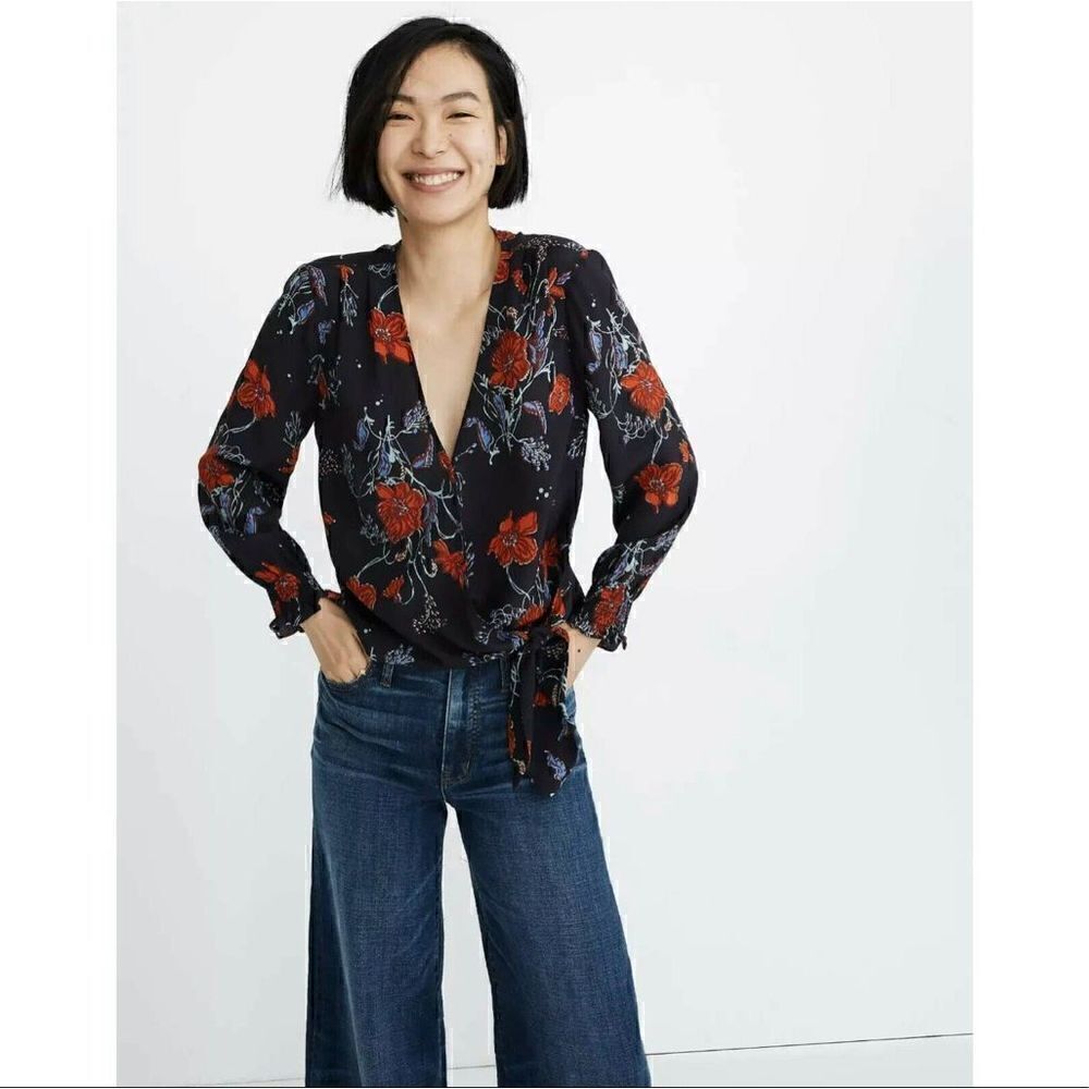Madewell Silk Smocked-Sleeve Wrap Top small